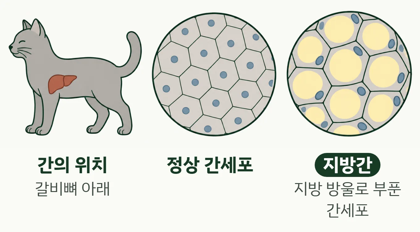 고양이 간의 위치와 정상 간세포, 지방이 쌓인 간세포 비교 그림