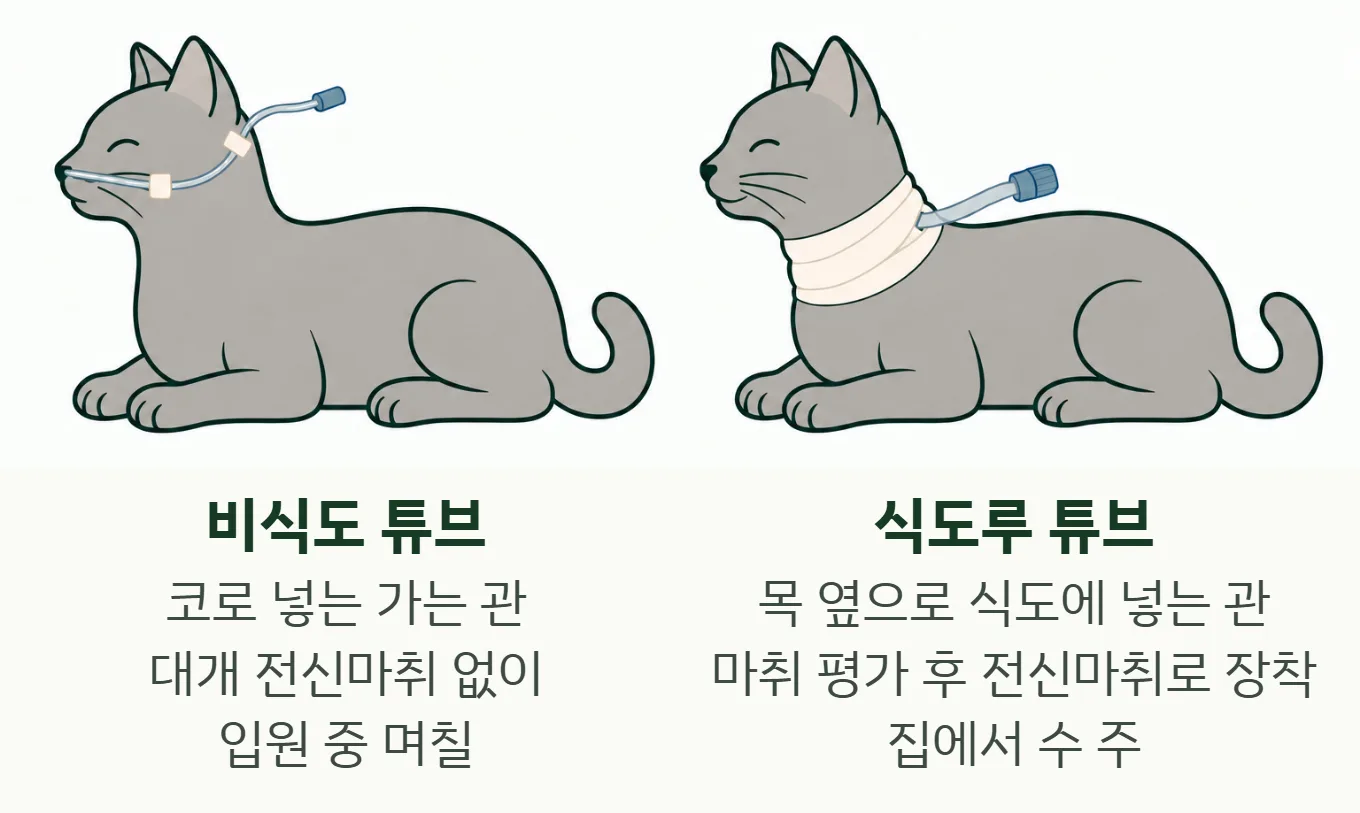 영양 튜브 두 가지 그림: 코로 넣는 비식도 튜브와 목 옆으로 넣는 식도루 튜브